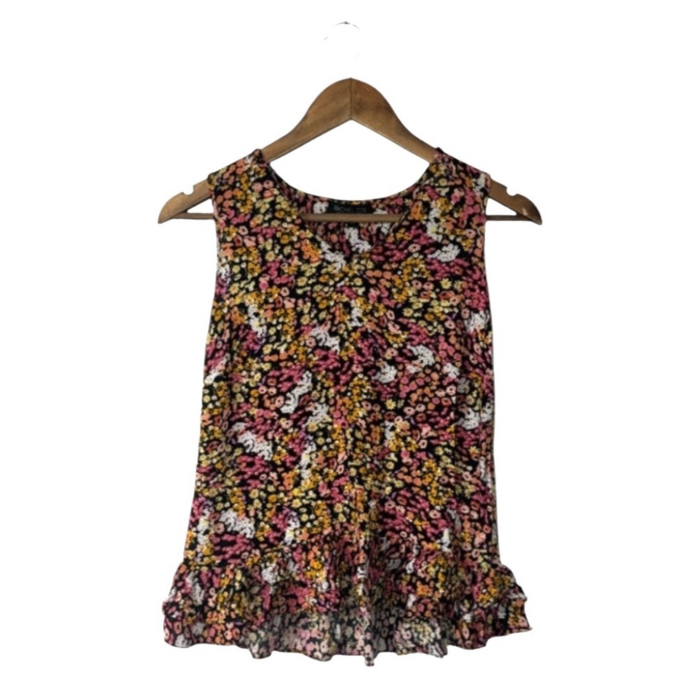 Rachel Zoe Floral Sleeveless Ruffle Top Shirt Blouse Tank Pink Orange White XS